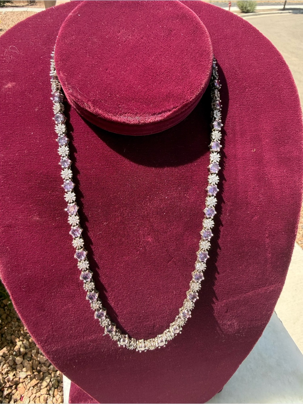 925 Sterling Silver Purple Amethyst CZ Floral Cluster Tennis Necklace 18.5"⁠